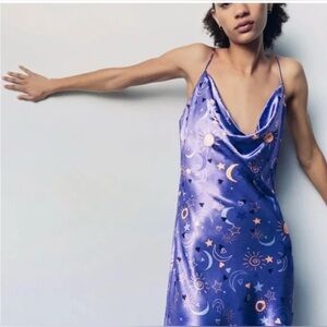 Zara Celestial Stars Starfish Moon Printed Lilac Satin Slip Mini Dress Size XS